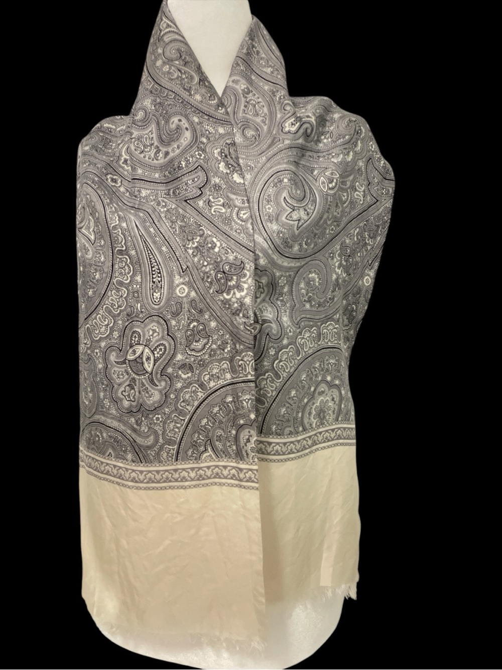 LANVIN Paris Scarf 100% Silk Vintage Black Cream 52"Long Unisex